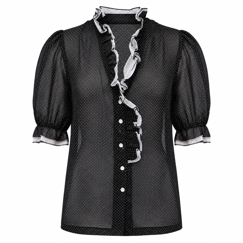 Rhoda Lee Vintage Black Polka Dot Ruffle Sheer Blouse Short Puff Sleeve USA Made